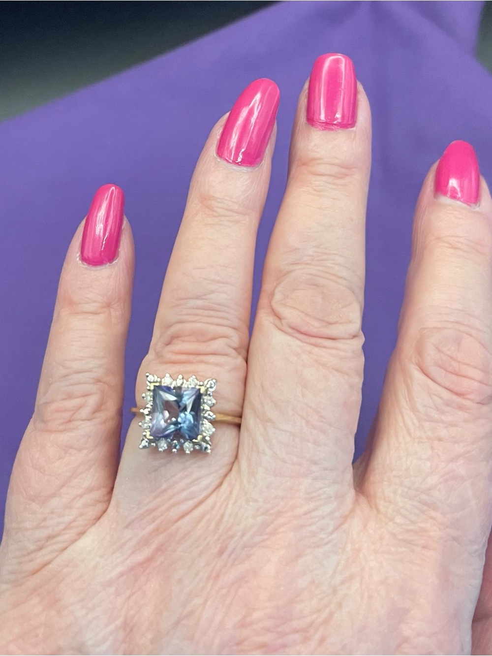 VTG Solid 10k yellow gold Princess-cut Alexandrite ring / real diamonds  sz 8/3g - Picture 2 of 9